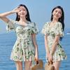 Women's High-Waist One-Piece Swimsuit: Stylish Skirted Design with Short Sleeves for Sun Protection, Perfect for Seaside Vacations and Hot Springs.