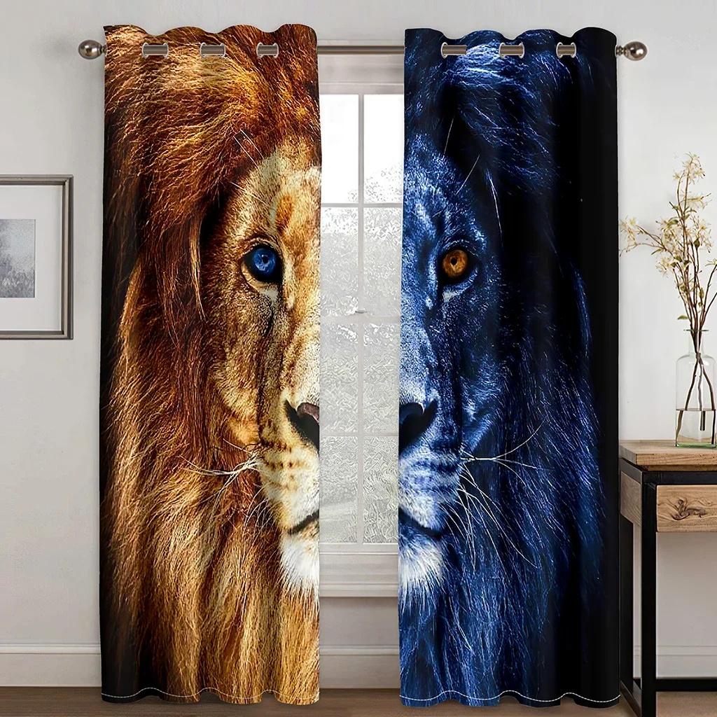 3D Digital Print Cheap Custom Animal Lion Tiger Two Thin Window Curtains for Living Room Bedroom Decor 2 Pieces