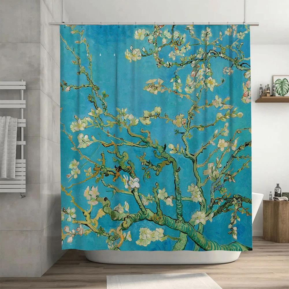 Van Gogh Blossoms Bath Mat Floral Decorative Shower Curtain With Vivid Print For Bathroom Accessories In Blue Green White Flower