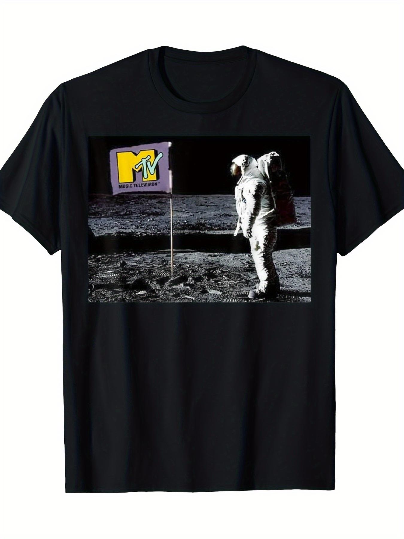 

Men s Retro MTV Moon Pattern T-shirt - Retro Astronaut Moon Landing Theme Short-sleeved Top with MTV Logo 4XL