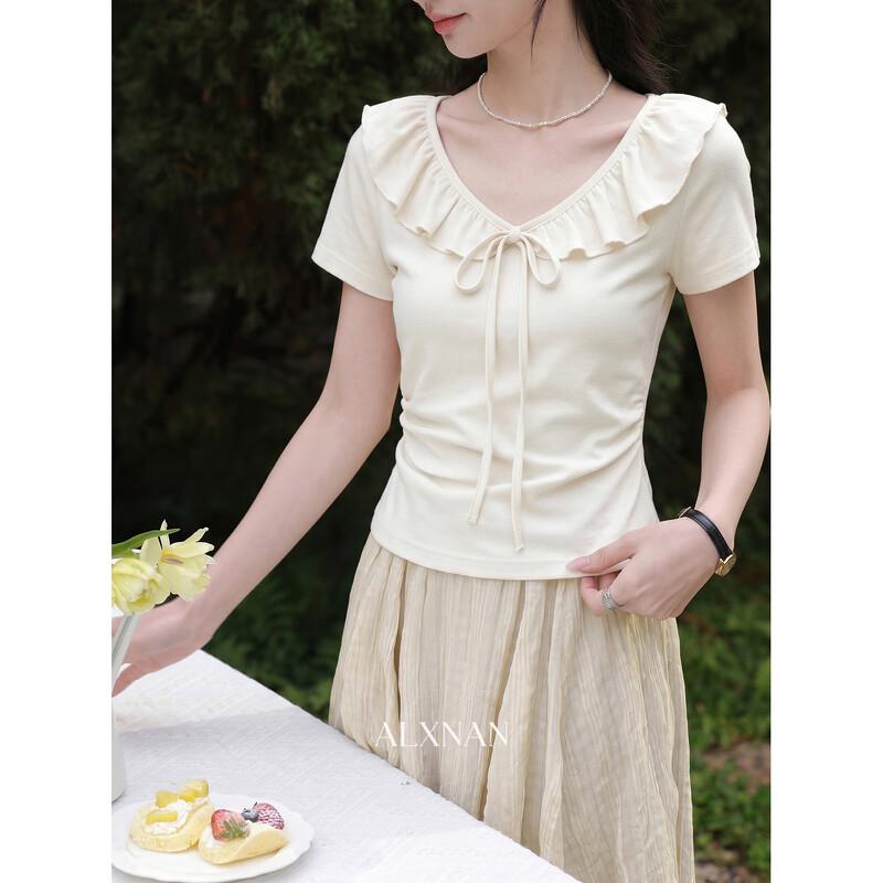 Women s French Style Slim Fit Apricot Short Sleeve T-Shirt M