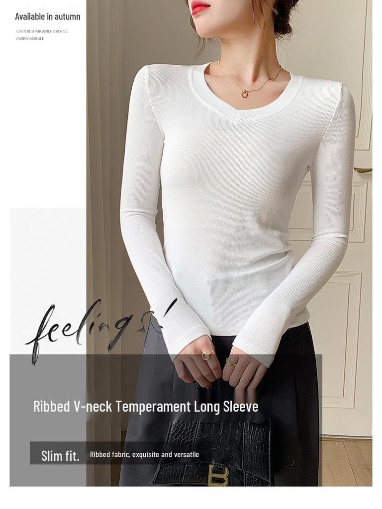 Women's V-Neck Long-Sleeve Slim Fit Top for Fall & Winter
