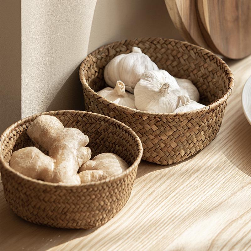 Natural Seaweed Woven Storage Basket for Kitchen & Entryway