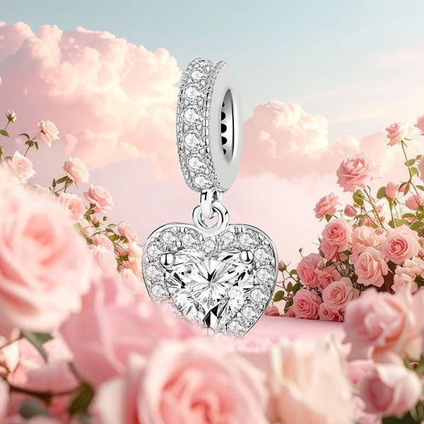 925 Silber Anhänger Zirkonia Rosa Liebesherz Charms Perlen Passend für Original Armband Armreifen DIY Schmuck Für Frauen