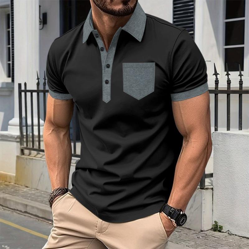 Men Color Block Short Sleeve Polo Shirt with Pocket Casual Contrast Trim Top S чёрный