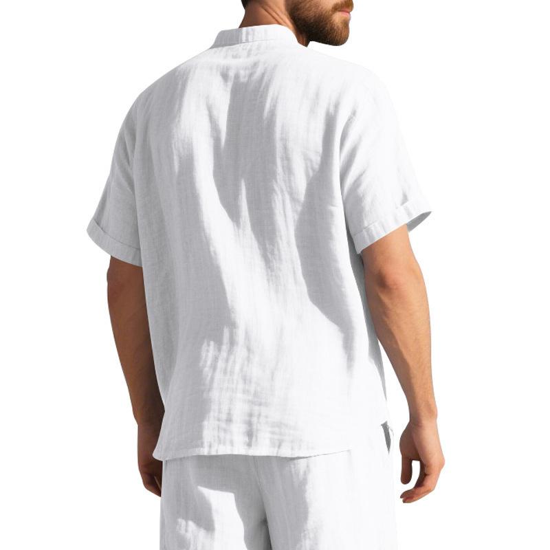Herr sommar lös passform linne t-shirt enfärgad Henley-hals strand kortärmad skjorta