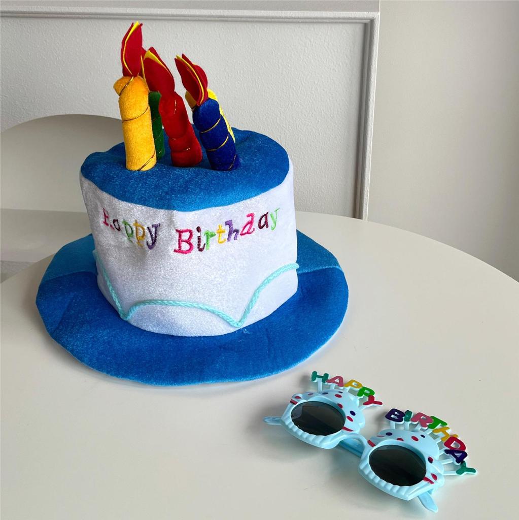 Plush Birthday Cake Hat and Glasses Set 2pcs Novelty Birthday Party Accessories for Kids Adults Happy Birthday Celebration Decor