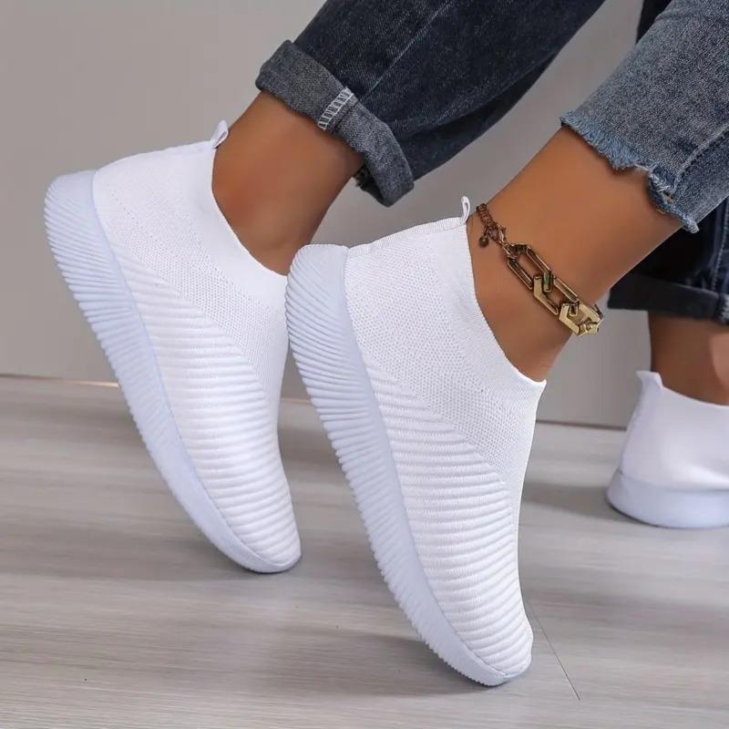 Fashion Womens Shoes Knitting Sock Sneakers Women Flat Black Casual Breathable Comfortable Slip on Flats Walking Shoes for Men White