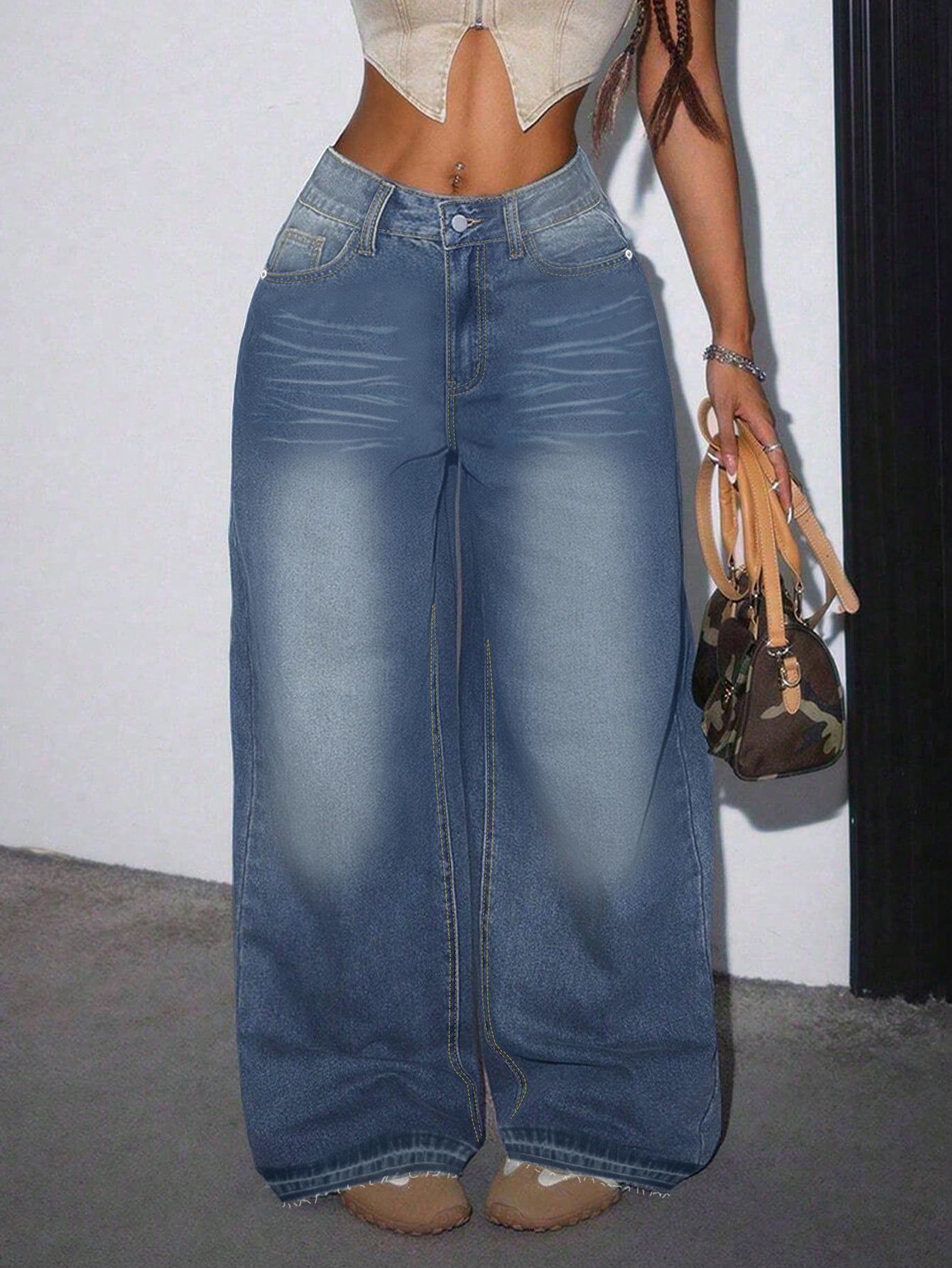 

Women s Raw Hem Design Loose Wide-Leg Jeans Medium синий