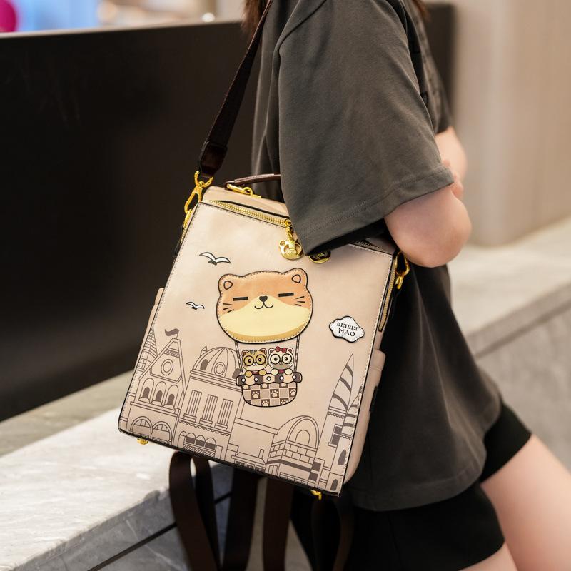 2026 New Premium Sense PU Women's Backpacks Versatile Casual Simple Large Capacity Lady Single Shoulder Bag Cute Cartoon Bear Outdoor Travel Rucksacks