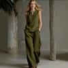2026 Womens Sleeveless V-Neck Top Wide-Leg Pants Set Color-Block Contrast Trim Lightweight Breathable Outfit