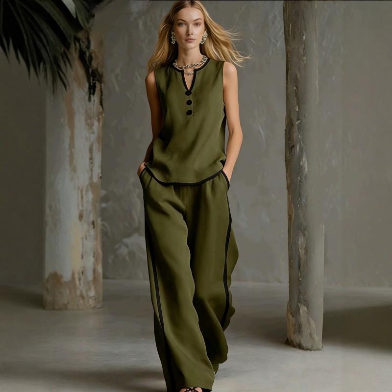 2026 Womens Sleeveless V-Neck Top Wide-Leg Pants Set Color-Block Contrast Trim Lightweight Breathable Outfit