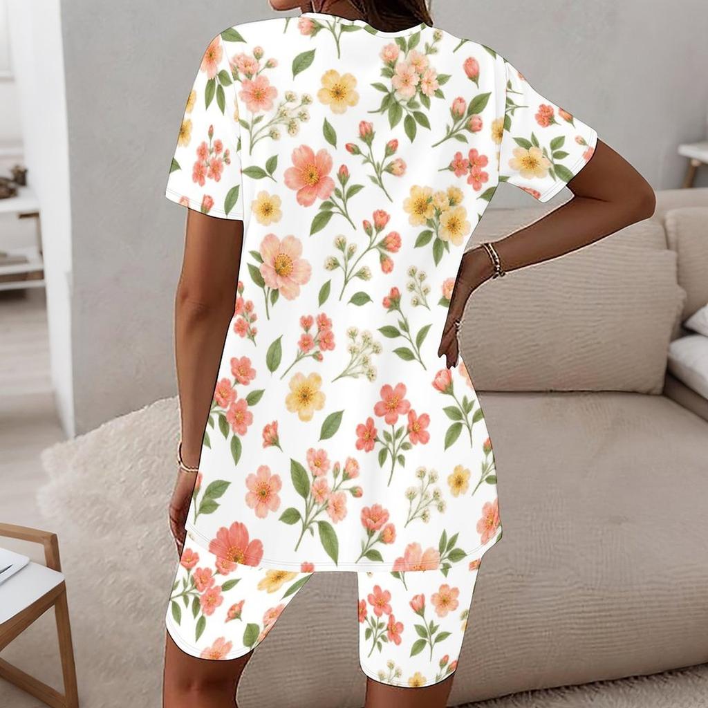 Women Plus Size Floral Printed Round Neck Short Sleeve Longline Top Fitted Shorts Two Piece Set