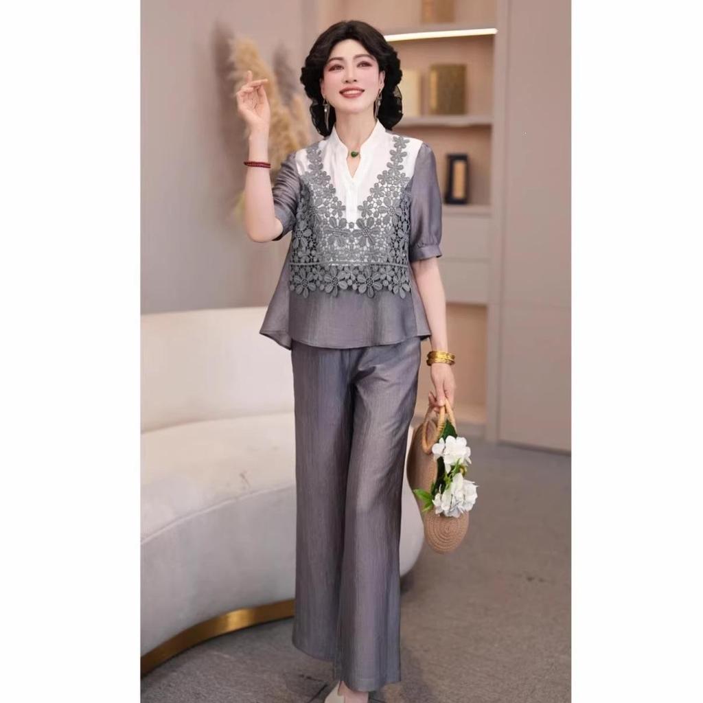 2026 Spring/Summer Style: Elegant Loose Two-Piece Set for Middle-Aged Women - Slimming Top & Pants