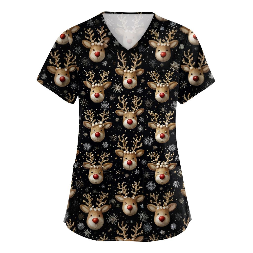Women's V-neck Christmas printed short-sleeved pocket side-slit protective suit top