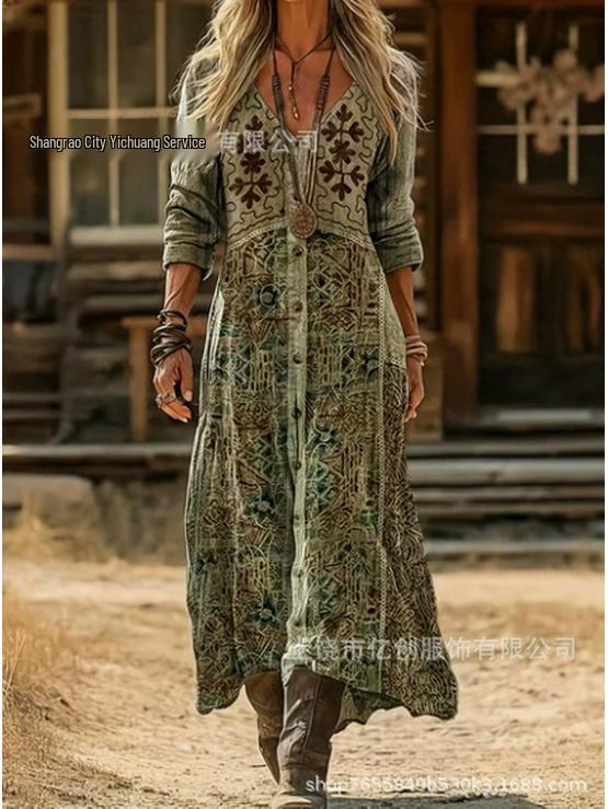 2026 Spring Retro V-neck Long-sleeved Plus Size Dress
