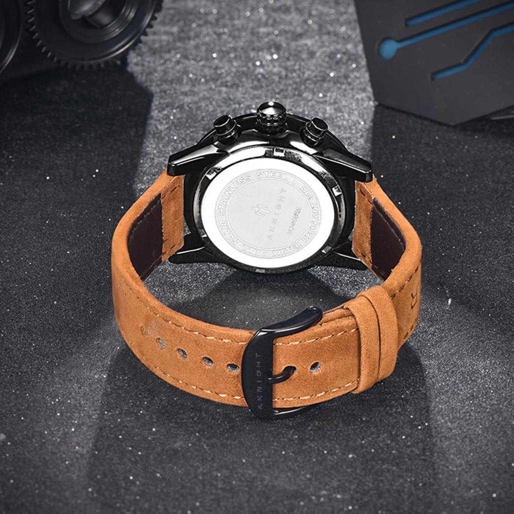 AKNIGHT Watch Genuine Leather Crystal Luminous Date Japanese Instruction Manual Men's - Stylish, Popular, Quartz, Strap, Chronograph, Display,