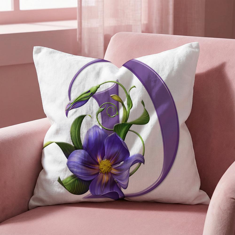 Simple Purple Flower Letters Cushion Cover Multi-Scene Pillow Cover for Home & Car - Reversible, Soft & Durable for Daily Use