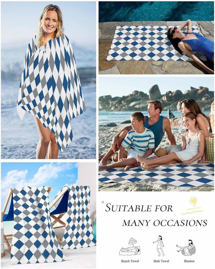 Beach Towel Gray Blue Plaid Bath Pool Towels Geometric Diamond Shapes Soft Absorbent Beach Towel Lightweight Large Quick Dry