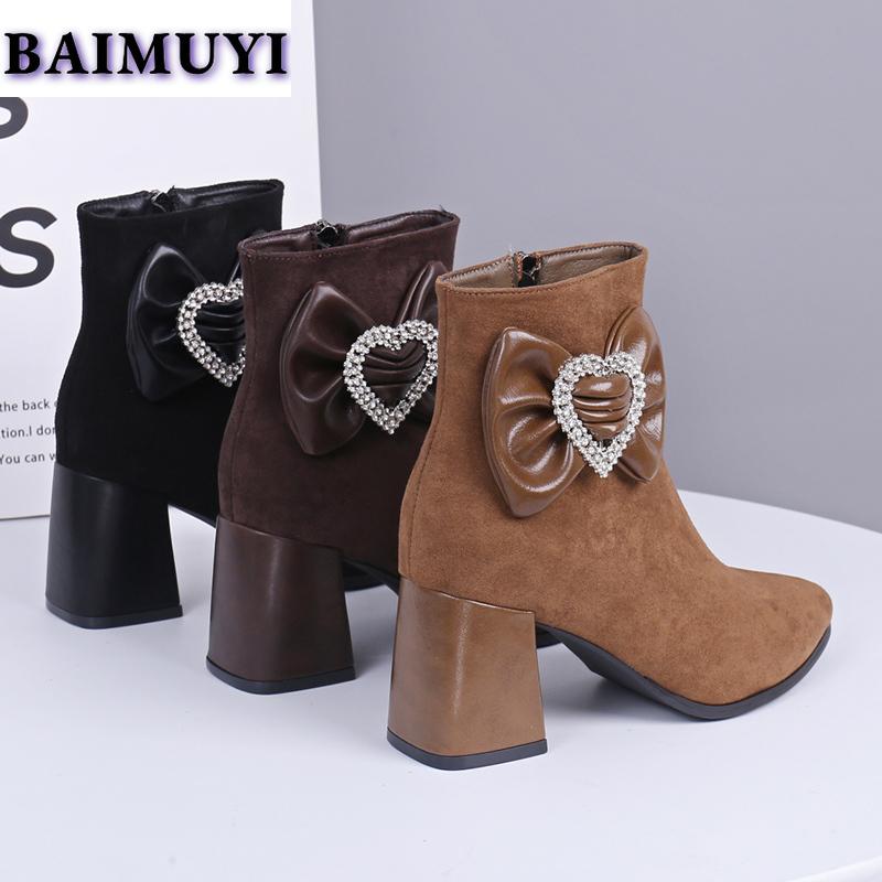 Bow Crystal Pointed Toe Women Ankle Snow Boots High Heels Shoes 2025 Trend Luxury Brand Chunky Chelsea Boots Pumps Mujer Botas