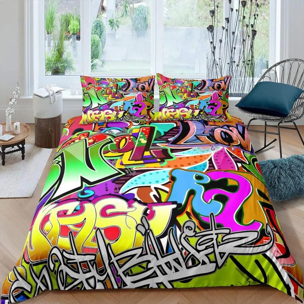 Hip Hop Bettbezug King Queen Size Farbe Street Culture Wand Graffiti Kunst Rockmusik Sport Polyester Bettwäsche Set für Kind Teenager