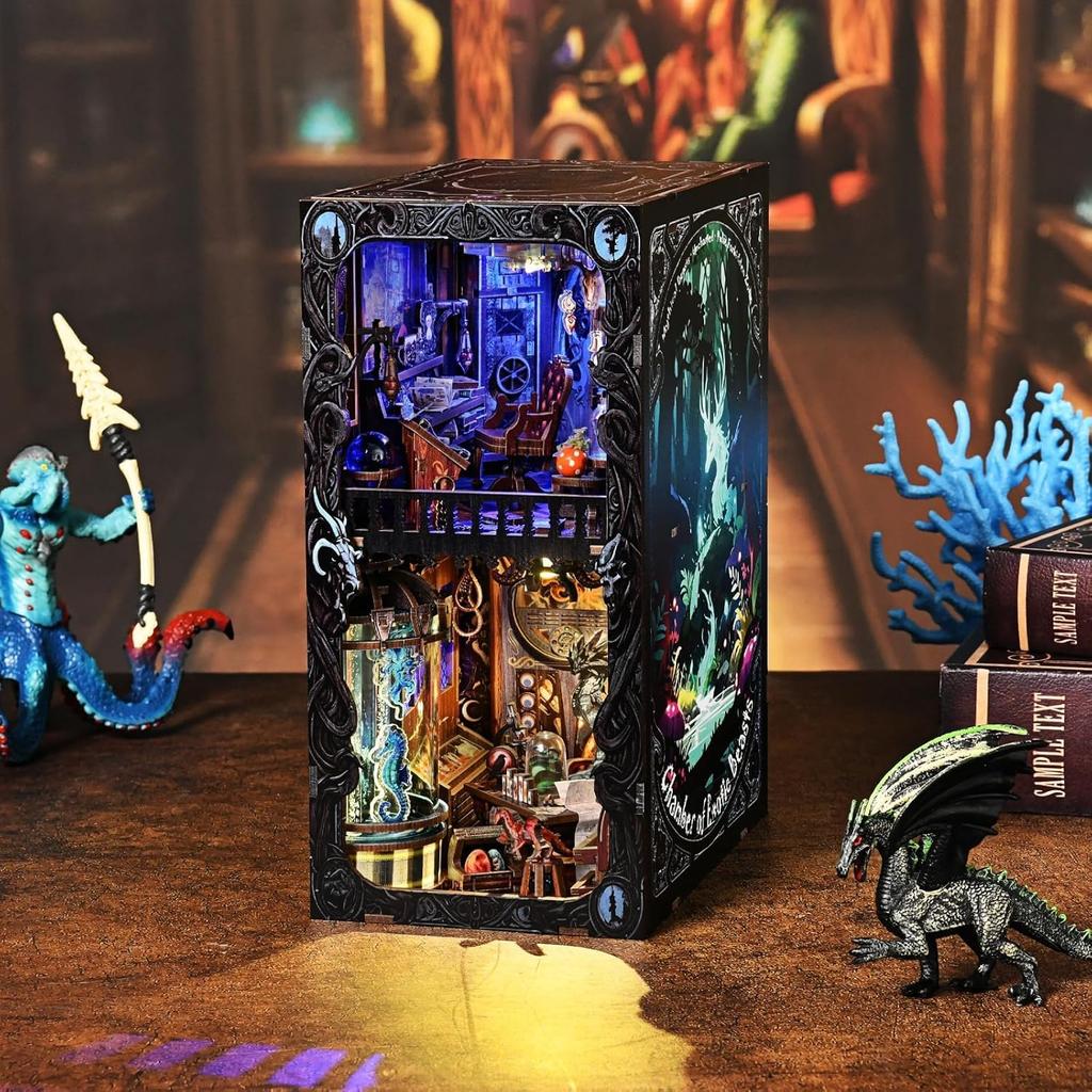 CRESYMME Book Nook Dollhouse Leeds Miniature House Log Cabin Wooden 3D Handmade for with LED Lights Beast Specimen Kit, Puzzle, Adults, (Fantasy Room)