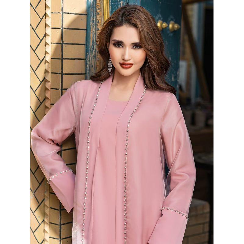 Middle East Organza Seam Drill Cardigan Robe Dress Two-Piece Diamond Studded Dress Set