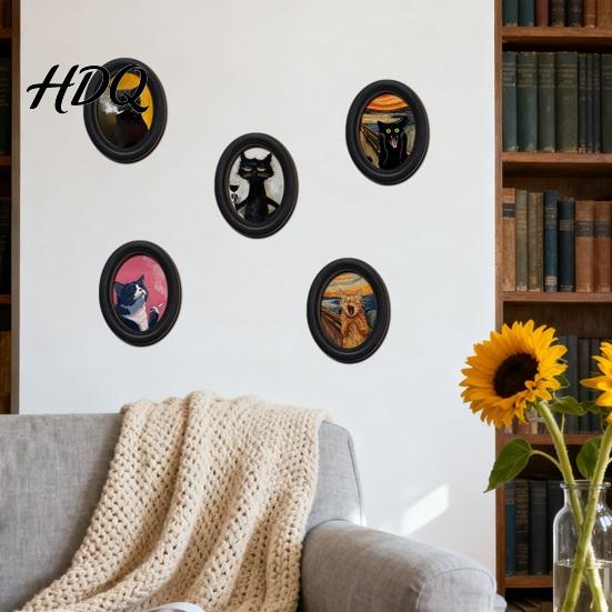 Abstract Expressionist Cat Prints Art Wall Decor Oval 2D Wood Framed Funny Painting Deconstructive Style Print Vintage Ornament for Living