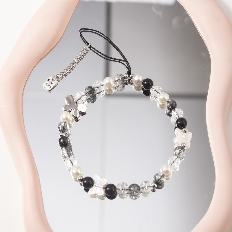 Durable Black & White Plaid Bow Wrist Strap with Buckle Chain for Phones