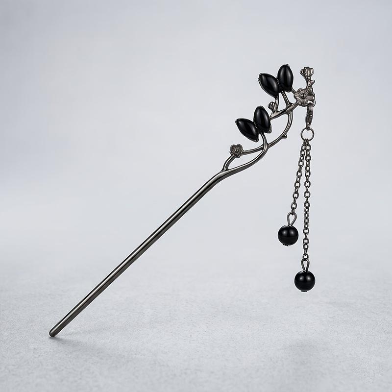 1 Pack Black Butterfly Branch Leaf Tassel Hairpin With Black Beads, Cool Stylish New Chinese Hair Accessory For Hanfu
