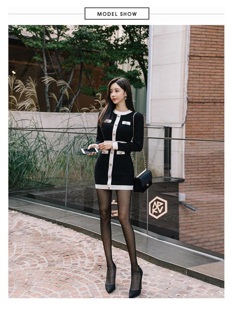 2023 Herbst/Winter Koreanischer OL Slim-Fit Colorblock Strickpulloverkleid