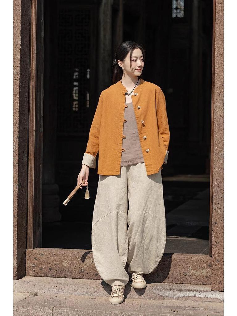 Young Women's Cotton-Linen Zen-Inspired Frog Button Cardigan for Eight Brocades Exercise