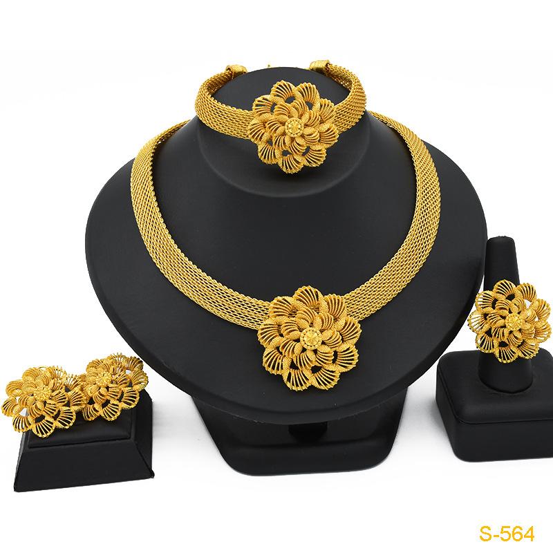 2026 Summer Dubai 24k Gold Bridal Jewelry Set Necklace Earrings Bracelet Ring Middle East Africa