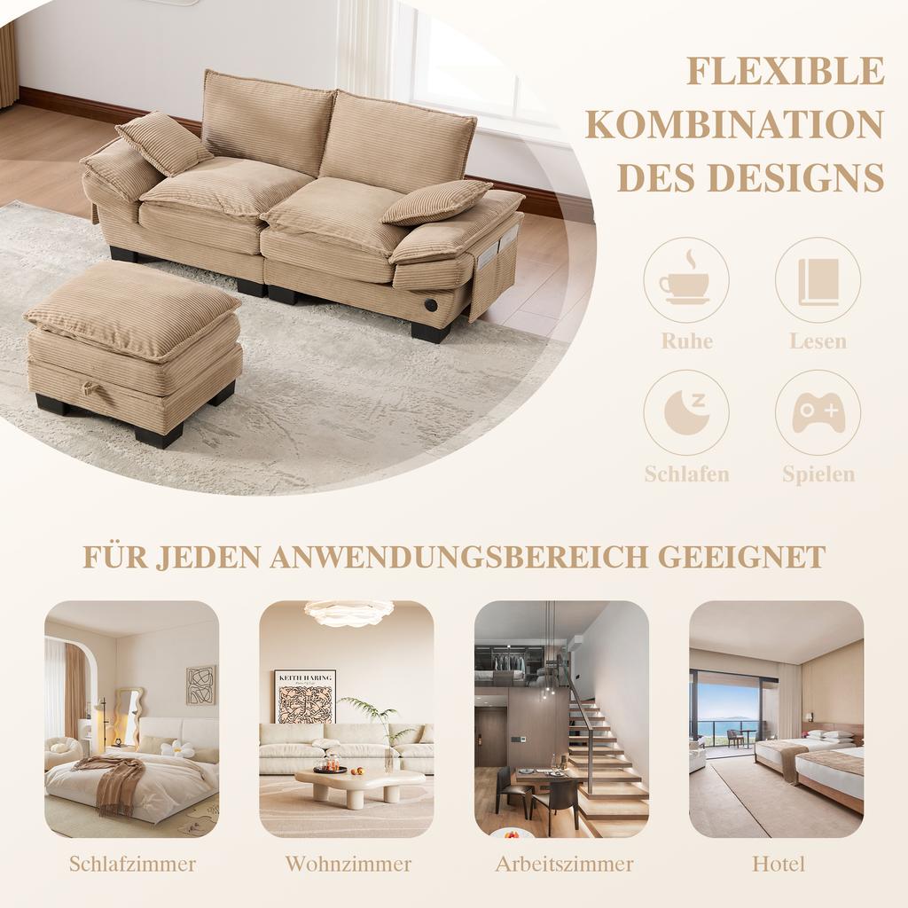 Modular 2-seater Corduroy Sofa (with Ottoman) – Wide Seat, Ergonomic Design, High-density Foam Padding, USB-C Port, Side Pockets. Khaki