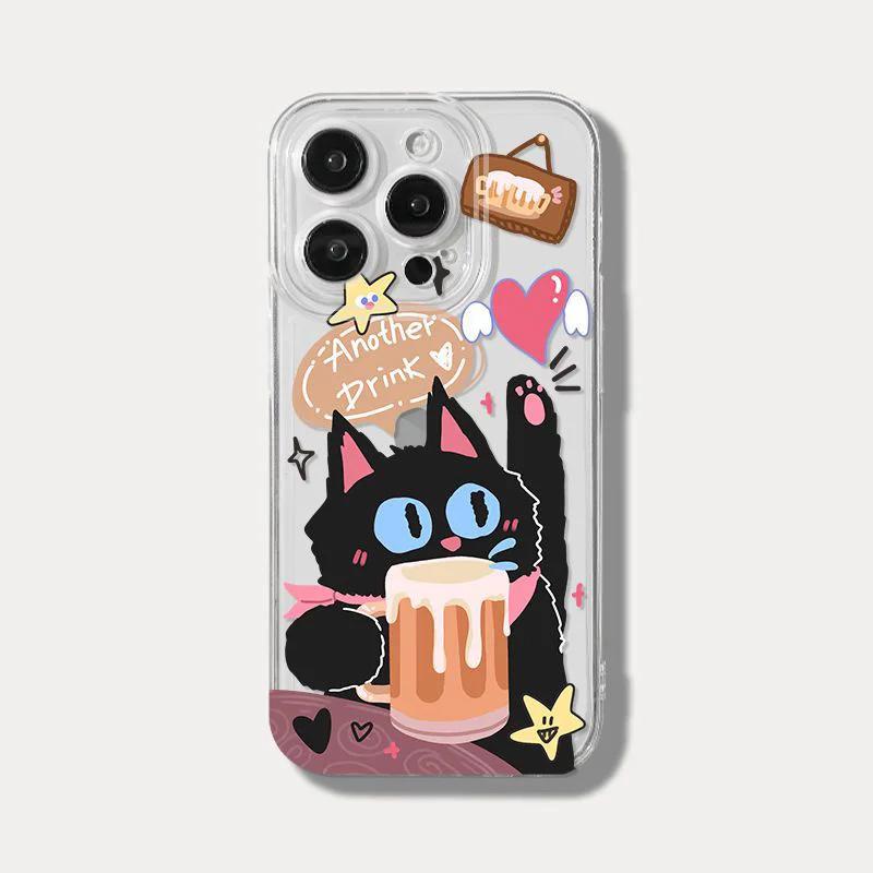 

Cute Black Cat Strawberry Drink Clear Phone Case for iPhone 17 16 15 14 13 12 11 16E Series Pro Max Plus Double Layer Protection iphone 14 Pro