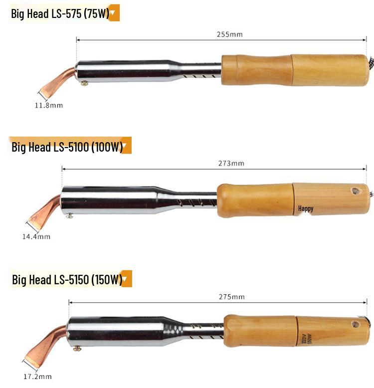 High-Power Wood Handle Soldering Iron with Bent Flat Copper Tip - 100W to 300W