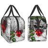 Red Rose Flowers On Gray Lunch Box Travel Bag Reusable Insulated Cooler Lunch Bags Girls Men Funny Picnic Tote Bag