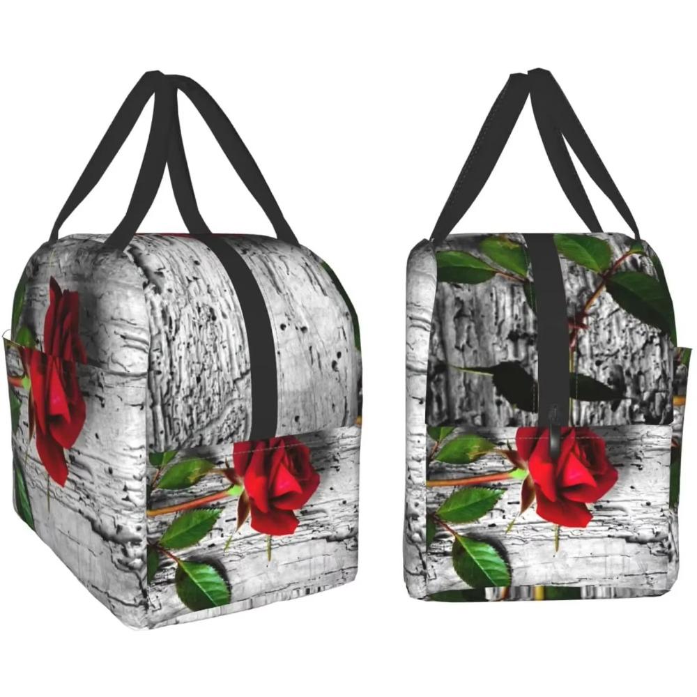 Red Rose Flowers On Gray Lunch Box Travel Bag Reusable Insulated Cooler Lunch Bags Girls Men Funny Picnic Tote Bag