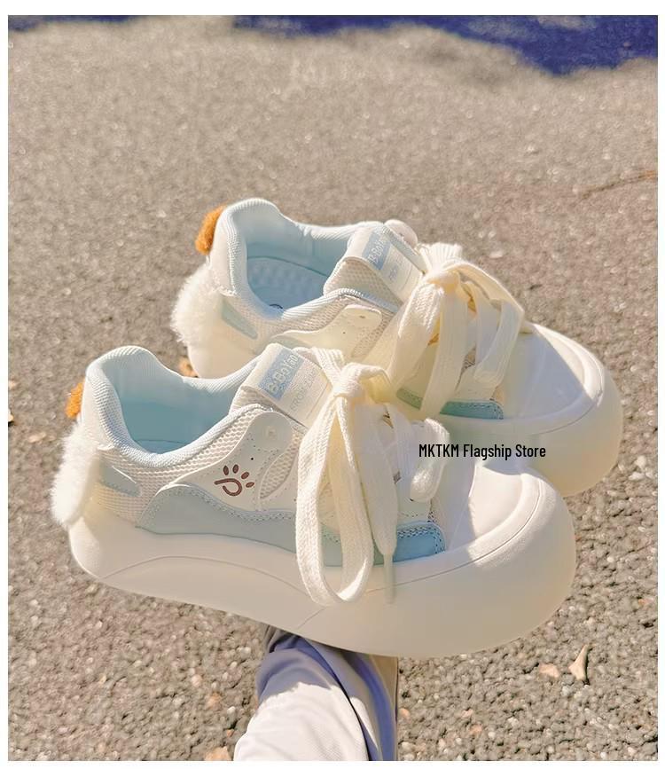 Girls' White Spring 2026 Breathable Thick-Sole Casual Sneakers, Non-Slip & Fashionable