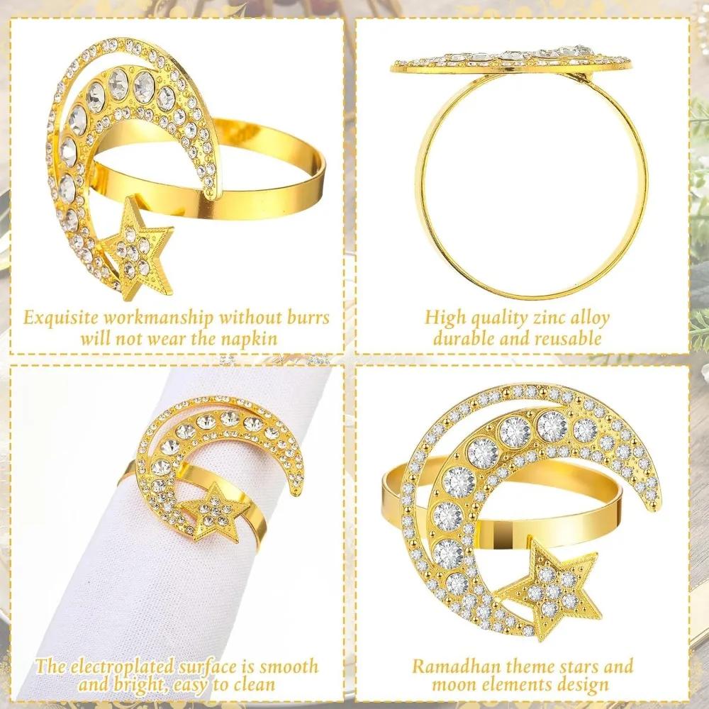 1-24PCS Ramadan Star Moon Napkin Rings Rhinestone Decor for Holiday Dining Table Setting Party Organizer Home Celebration
