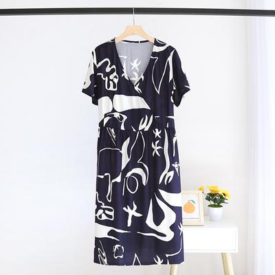 Summer New Ladies V-neck Nightdress  Short Sleeve Home Dress Floral Comfort Large Size Dress Thin Section Women