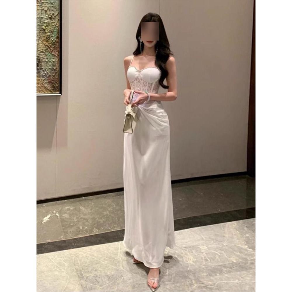 French temperament white lace suspender dress women's summer high sense waist hip banquet dress dress dress