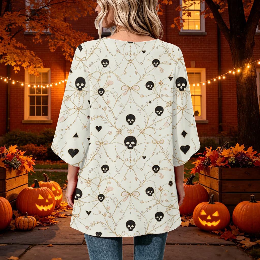 Women's Halloween Print Casual Top, Round Neck, Three-Quarter Sleeve, Loose Fit