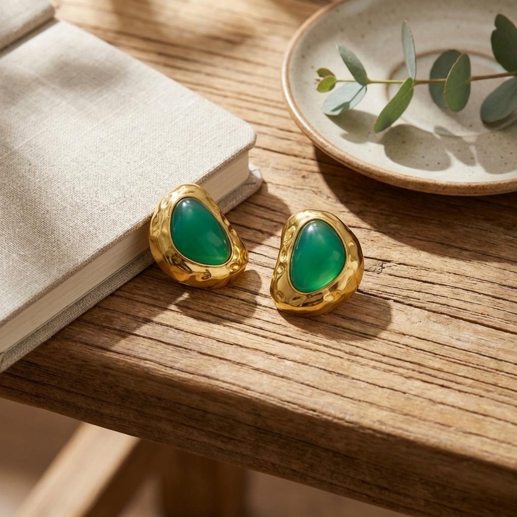 Vintage Stainless Steel Green Resin Irregular Stud Earrings For Women Men Minimalist Textured Geometric Earring Elegant Jewelry