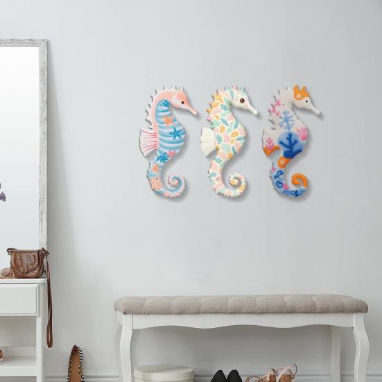 Yousheng 3Pcs Seahorse Wall Decoration Lightweight Flat Wall Art Ocean Style Wall Hanging for Living Room Kids Room Bathroom