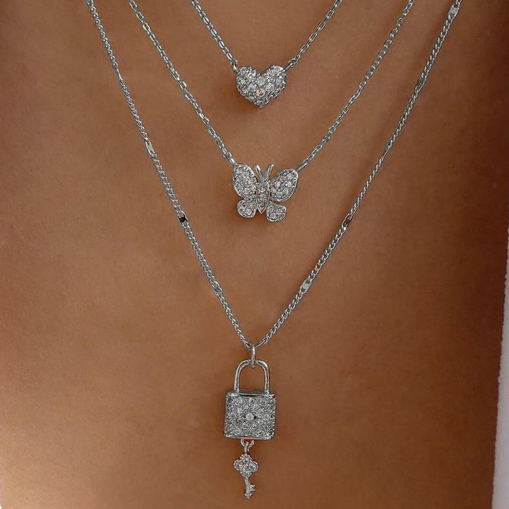 Butterfly love necklace European and American new personalized jewelry key pendant multi-layer women's street shot crystal sweater chain