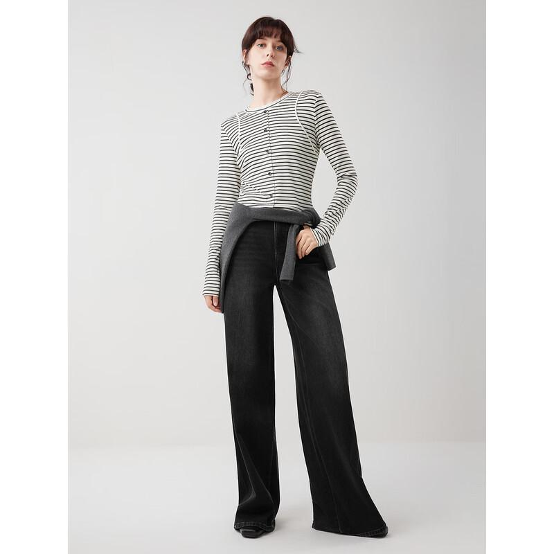 ELLE Women's French Style Black Wide-Leg Jeans