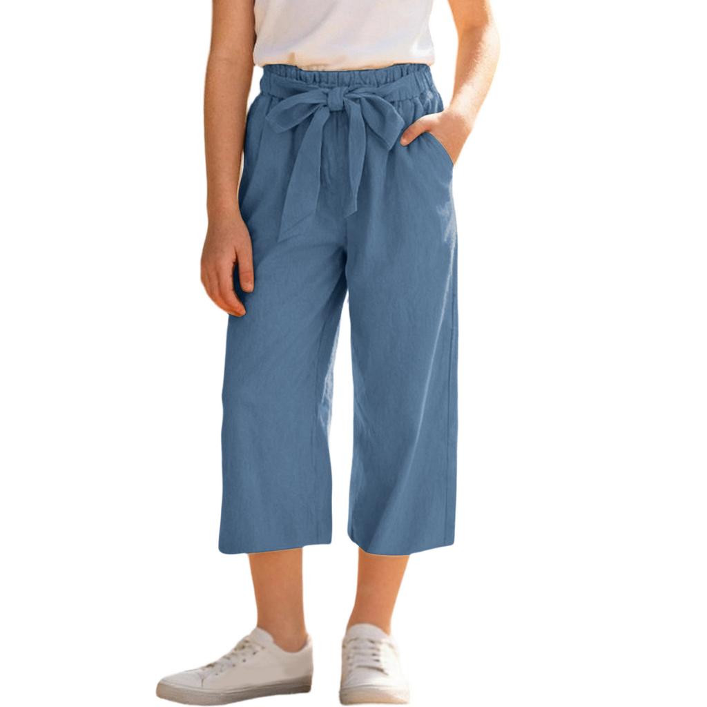 Girls' -Color Cotton-Linen Wide-Leg Loose-Fit Cropped Pants With Elastic Waistband