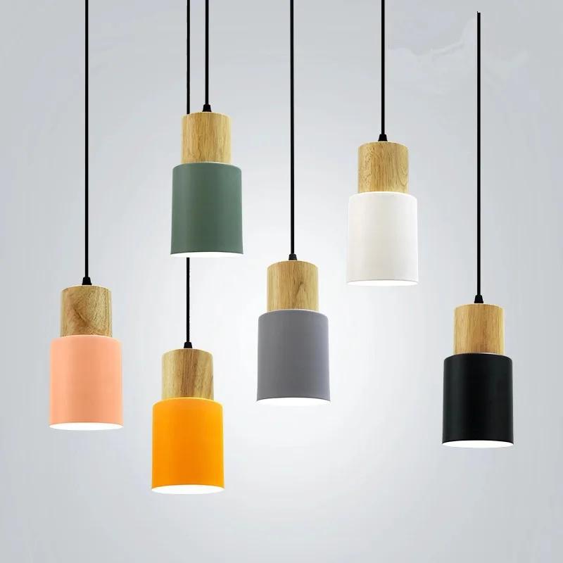 Creative Simple Wood Pendant Lights Led Black/White Hanging Lamp Metal Kitchen Bar Hotel Bedroom Luminaire MJ807