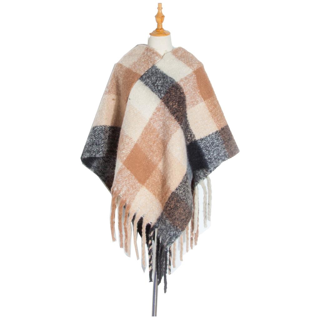 Winter Ladies Circle Yarn Thick Tassels Cape Thick Color Plaid Shawl Scarf